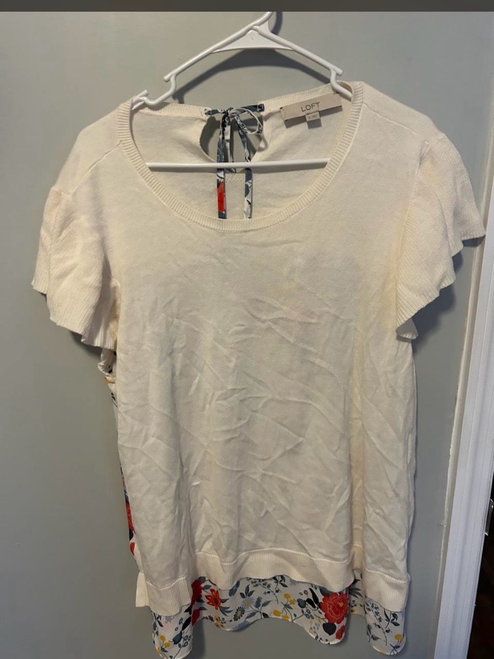 LOFT Cream Ruffle Sleeve Layered-Hem Top with Floral Trim